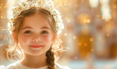 First Holy Communion. A girl in a white dress, happy after the Christian sacrament. Greeting card or invitation.