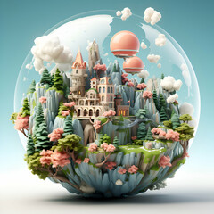 Fantasy world with castle and trees in a glass sphere. 3D rendering