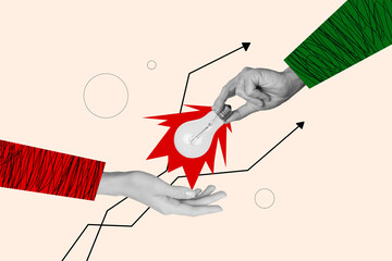Composite photo collage artwork sketch image of two person hand reach out teamwork together do...