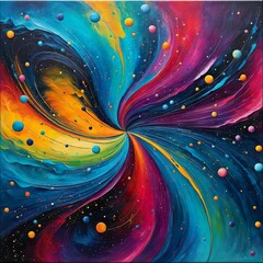 Abstract square background. An illustration forming a multi-colored spiral strewn with many dots, reminiscent of a universe with planets.