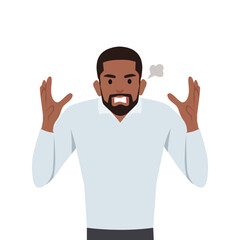 Young black man angry and raised fist and shout or screaming expression. Flat vector illustration isolated on white background