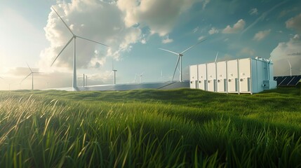 Modern battery energy storage system with wind turbines and solar in grass fields. copy space for text.