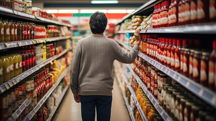 A man walks through a grocery store aisle, examining shelves and products as he navigates through the colorful array