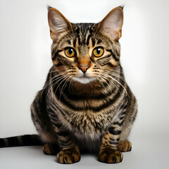 Fototapeta premium Beautiful tabby cat sitting on a white background and looking at the camera