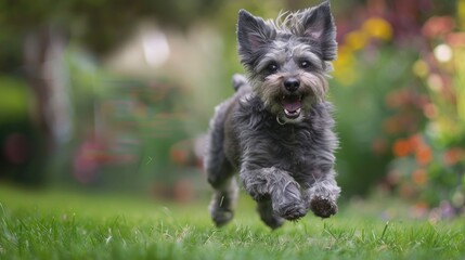 A small gray dog frolics joyfully in the yard in Yorkshire