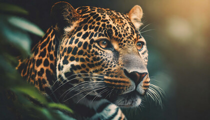 A leopard is staring at the camera. The image has a moody and mysterious feel to it