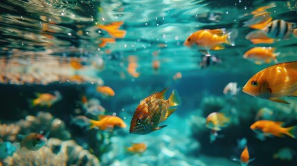 Swimming fish, Color flowers fish sea swimming and the fish are visible inside the water - obrazy, fototapety, plakaty