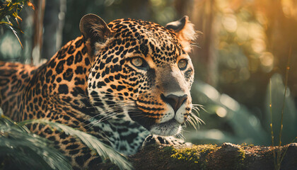 A leopard is laying on a branch in the jungle. The sun is shining on the animal, making it look very beautiful - Powered by Adobe