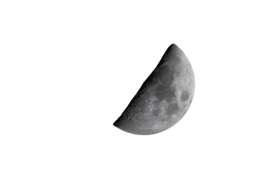 Photograph of the moon in the crescent phase in which you can see the craters and asteroid impacts. The photo was taken with a telescope and a camera. Transparent background