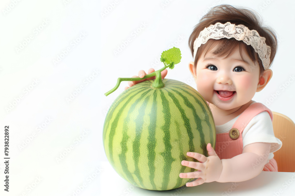 Wall mural happy baby with a large watermelon on a white background