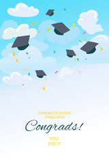 Congratulations to the graduates. Throwing ceremony graduation caps in the air. Confetti and ribbons fly around them, symbolizing joy and celebration, vector illustration