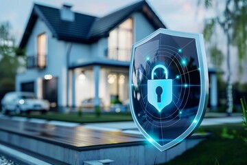 Real estate security: holographic shield for protecting suburban homes. - obrazy, fototapety, plakaty