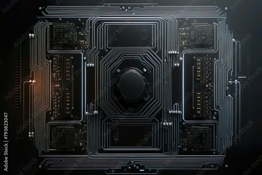 Poster printed circuit board futuristic server on board. 3d, monochrome. computer technology