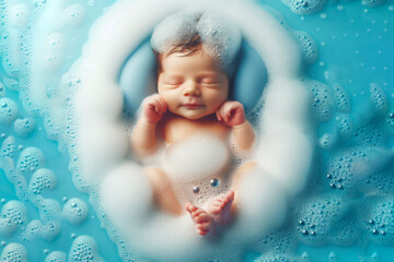 newborn baby in bath with foam and bubbles blue bright background