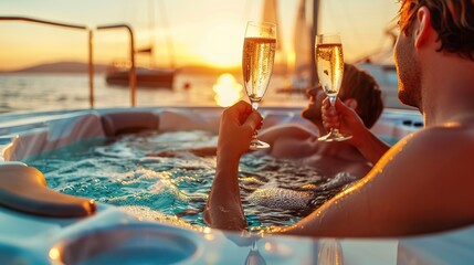 Sweet couple toasting with their champagne glasses while relaxing in the jacuzzi tub, Celebrating honeymoon in luxury. copy space for text. - obrazy, fototapety, plakaty