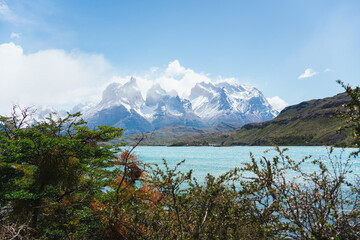 Beautiful view of Torres del Paine mountains from Pehoé lake in chilean Patagonia