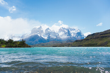 Lago Pehoe lake in Torres del Paine park in Chilean Patagonia