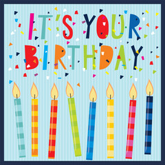 Birthday card design with colorful text, candles and confetti