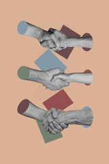 Vertical photo collage of hand shake organization success deal cooperation meeting colleagues workers isolated on painted background