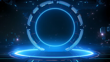 Blue futuristic background with glowing rings and circular frame