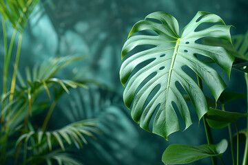 Close-up of large green monstera leaf against green blue wall with harsh shadows - Powered by Adobe