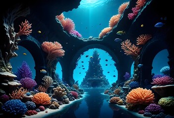 A hyperrealistic 8k underwater coral city with bio (18) - obrazy, fototapety, plakaty