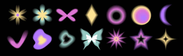 Set y2k aura. Blurred heart, butterfly and stars with aura in trendy style y2k.