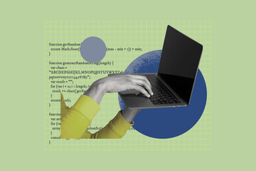 Composite photo collage of hand type macbook device search information software digital code it programmer isolated on painted background