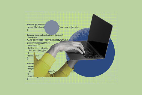 Composite photo collage of hand type macbook device search information software digital code it programmer isolated on painted background