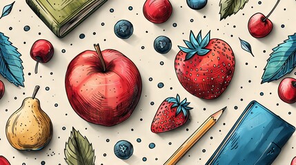 An educational seamless pattern with supplies scattered on a light background. This colorful hand drawn modern illustration is suitable for textile prints, backdrops, and wrapping papers.