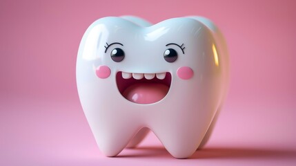Funny cartoon character isolated on blue background with adorable laughing molar tooth. Cute mascot or symbol for a dental clinic or orthodontic center.
