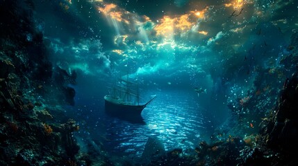 sea and creature in it, fish, monster, ship, background - obrazy, fototapety, plakaty