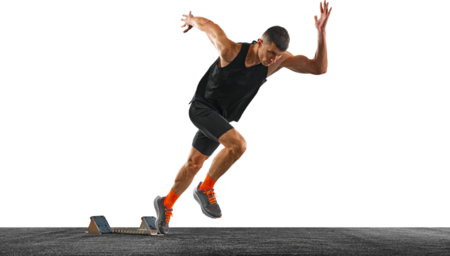 Dynamic portrait of athletic man, runner, jogger quickly breaks away from start to be first to reach finish line against transparent background. Concept of sport, active lifestyle, action. Ad.