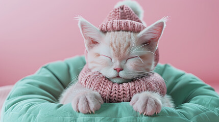 kitten sleeping wearing a pink knitted shirt and hat