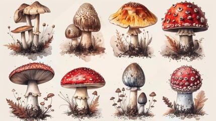Collection of isolated elements drawn in hand. Set of hallucinogenic mushrooms. - obrazy, fototapety, plakaty