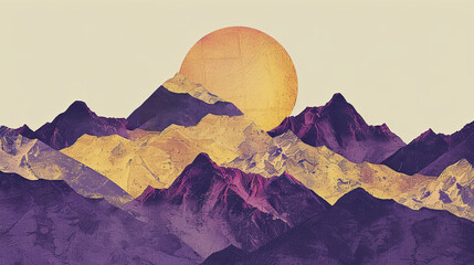 illustration of sun and mountains in gold and purple  - obrazy, fototapety, plakaty