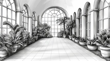 The interior of a pavilion or greenhouse is decorated with tropical plants and lush foliage. Hand drawn modern illustration of exotic trees growing in pots. - obrazy, fototapety, plakaty
