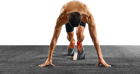 Young athletic sportsman, professional runner trains running from start from below against transparent background. Concept of sport, active lifestyle, action, victory, workout. Copy space. Ad