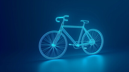 Fototapeta na wymiar Bicycle made of wireframe neon blue lines, blue background
