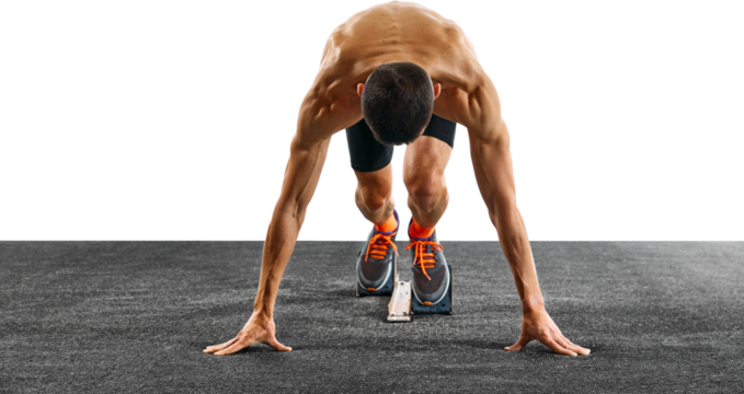 Young athletic sportsman, professional runner trains running from start from below against transparent background. Concept of sport, active lifestyle, action, victory, workout. Copy space. Ad