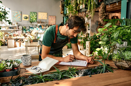 Successful confident business man in green t-shirt and black apron working in greenhouse indoors. Florist writing on clipboard at wooden desk with plants, decor and florarium.