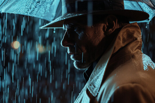 Generative AI image of man in trench coat and fedora standing at night rainy city