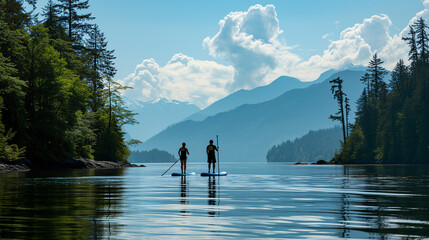 A couple paddleboarding on a tranquil lake, with mountains and trees in the distance