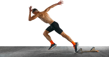 Dynamic movement. Athletic attractive man, professional jogger, runner, running fast in motion...