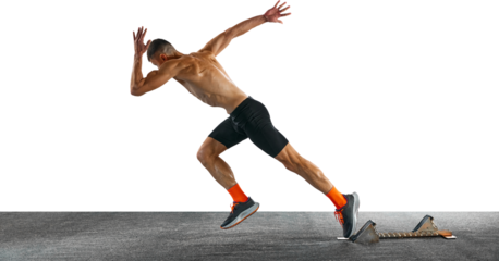 Dynamic movement. Athletic attractive man, professional jogger, runner, running fast in motion against transparent background. Concept of sport, active lifestyle, action. Ad. Copy space for text.