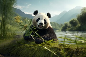 Portrait of giant panda in river swimming and playing with bamboo leaves.