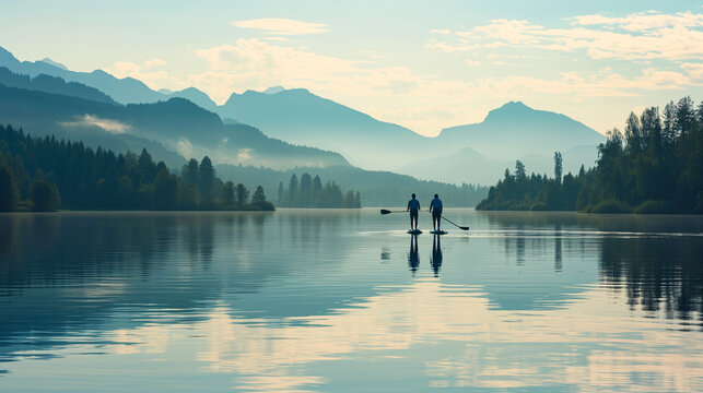 A couple paddleboarding on a tranquil lake, with mountains and trees in the distance