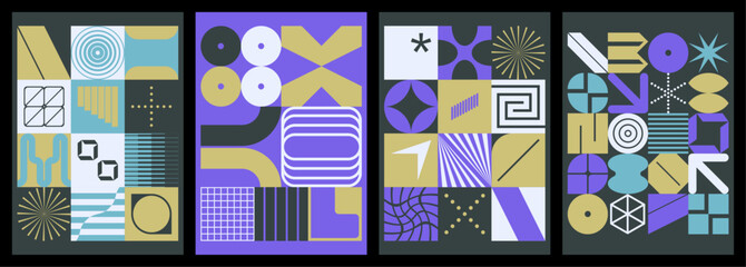 Set of brutalist compositions with graphic and retrofuturistic shapes and symbols