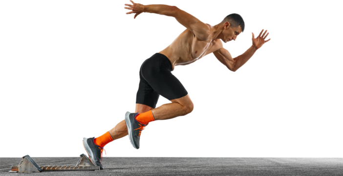 Dynamic movement. Athletic man, professional jogger, runner quickly running in motion to be first at finish against transparent background. Concept of sport, active lifestyle, action. Ad. Copy space. - Powered by Adobe