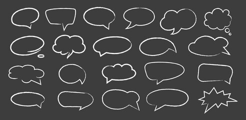 Empty black hand drawn grunge charcoal, chalk speech bubbles in doodle style isolated on black background. Balloon vector outline illustration for meme, poster, tag, banner, hashtag, dialogue